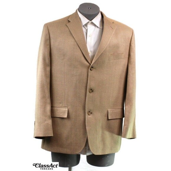 Lauren Ralph Lauren Blazer Sport Coat Mens Tan Herringbone 3 Btn Silk 44R - Picture 1 of 6